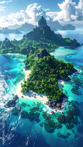 Tropical Island Paradise with Lush Greenery and Turquoise Waters.