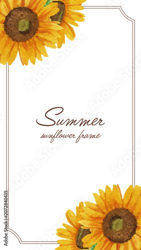 Vector illustration of watercolor sunflower frame on top-left and bottom-right (with border)[vertical]