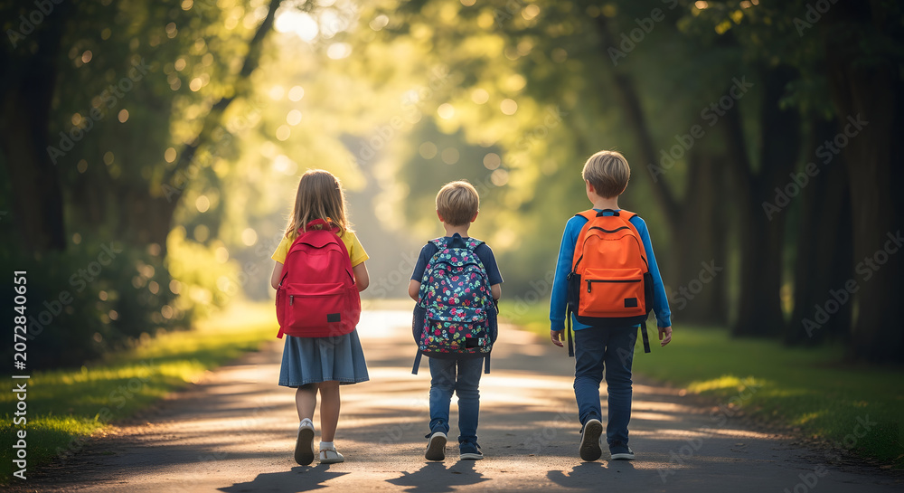 Obraz premium Children Walking to School on a Sunny Path with Backpacks