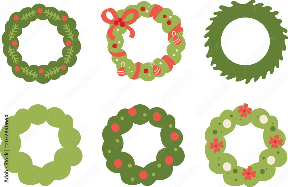 Fototapeta premium Vector set of Christmas wreathes with cute bows and decors
