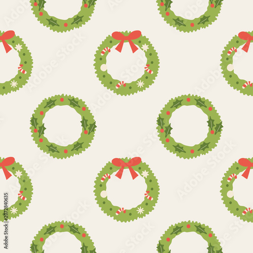 Festive Christmas wreathes - Vector seamless pattern with red bows and decors