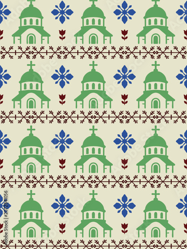 Seamless Pattern with Orthodox Churches and Folk Motifs