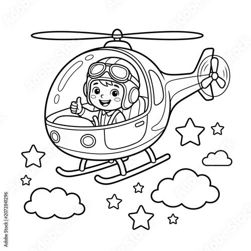 Cute cartoon pilot flying a helicopter in the sky