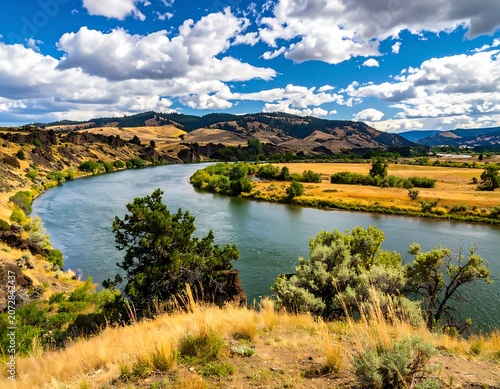 Serene River Landscape with Rolling Hills.