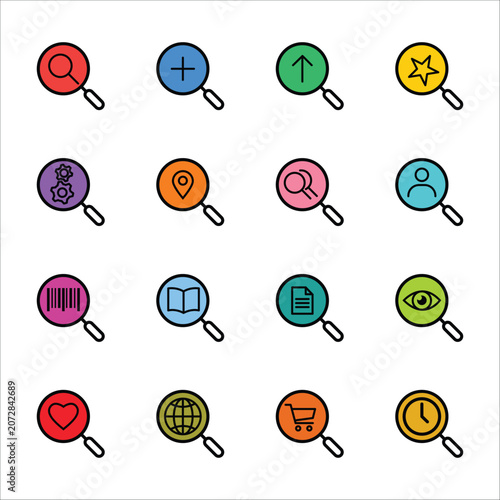 Colorful Magnifying Glass Search Icons Set Featuring Lens Concepts for Zoom, Location, Users, Shopping, and Data Discovery