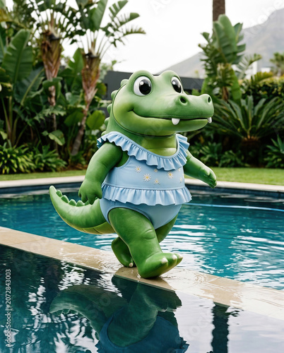 Cute crocodile leather doll in swimsuit at the swimming pool