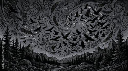 Monochromatic Forest Landscape With Swirling Crows And Ethereal Sky Vector Illustration