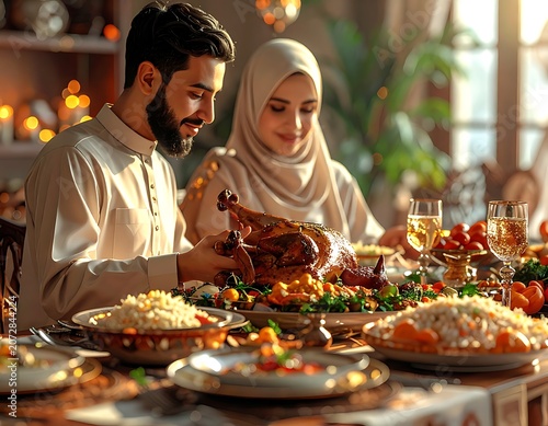 Muslim Couple Enjoying Iftar Dinner During Ramadan.