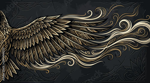 Majestic Gold Eagle Wing Illustration with Ornate Swirling Floral Patterns on Dark Background