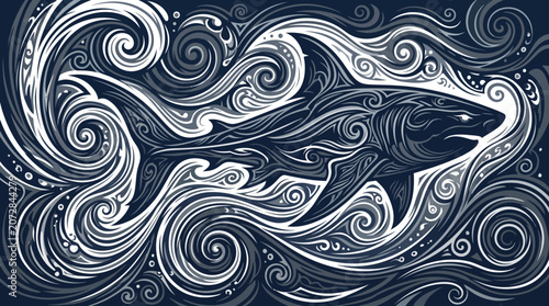 Majestic Great White Shark Swimming Through Stylized Deep Blue Ocean Waves Vector Illustration