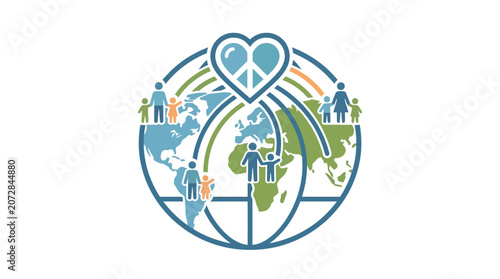 Obraz na plátně Families from diverse backgrounds join hands around the globe symbolizing international friendship and unity in a heartwarming vector illustration