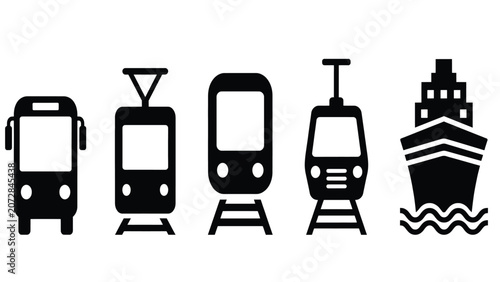 Set of black icons representing public transport vehicles like bus tram train and ship for travel and logistics design Vector