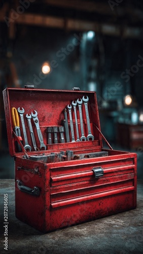 Open Toolbox with Organized Tools in Dimly Lit Workshop