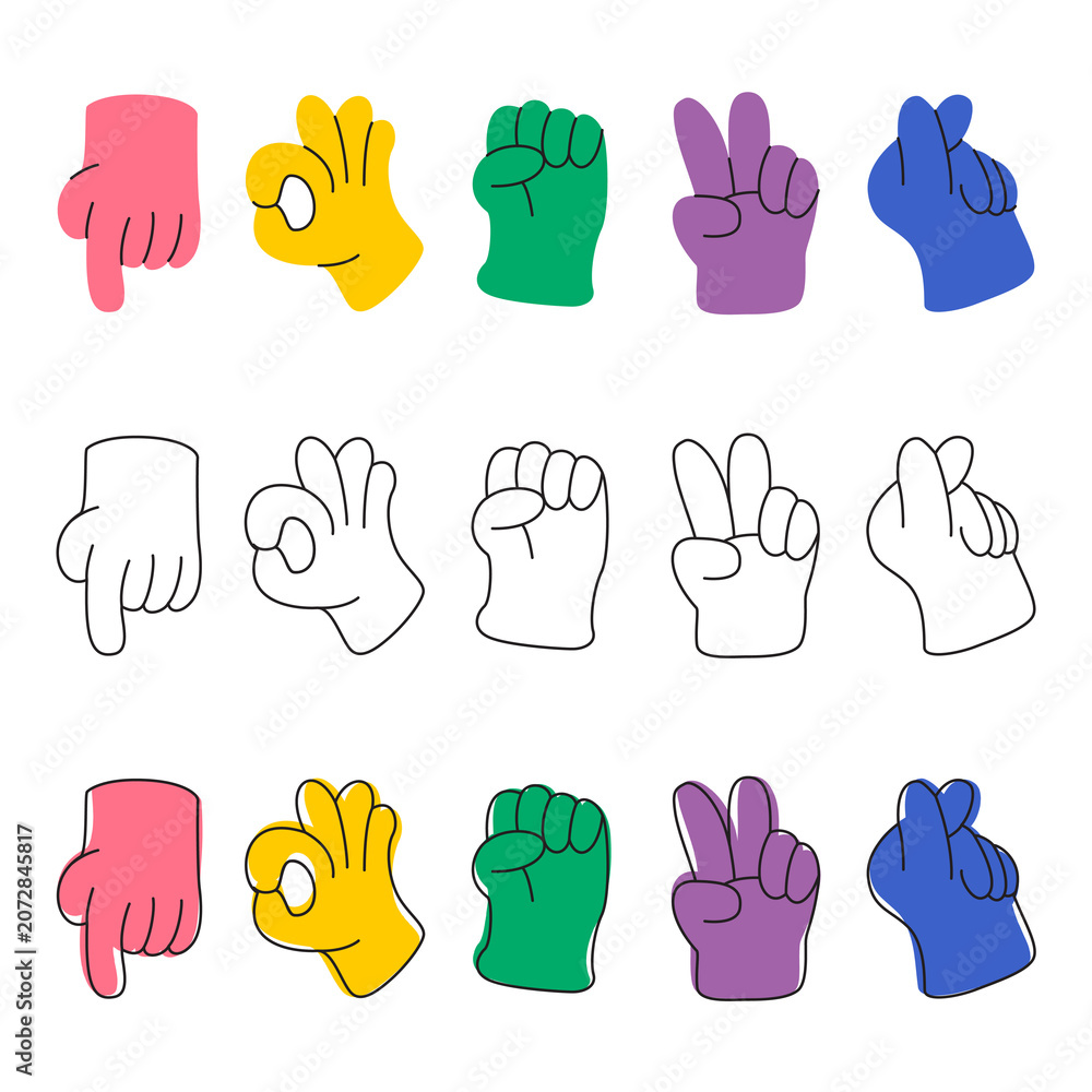 Fototapeta premium Collection of various hand gestures including ok sign fist peace and finger heart icons in flat and outline design on grid.