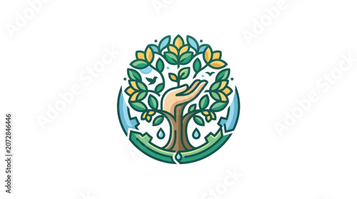 Fotografie Minimalist vector illustration of a serene alpine resort surrounded by mountains, forests, and a retreat, showcasing a natural landscape