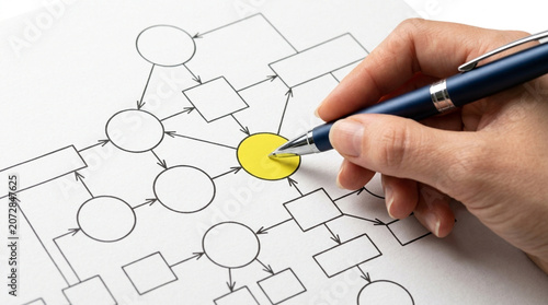 Focused hand drawing yellow circle on complex flowchart with pen, concept for business strategy planning and process management, use cases for marketing, education and organization