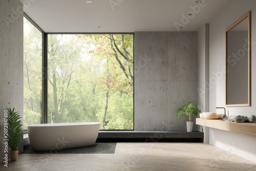 Modern bathroom with large window offering forest views and a freestanding bathtub.