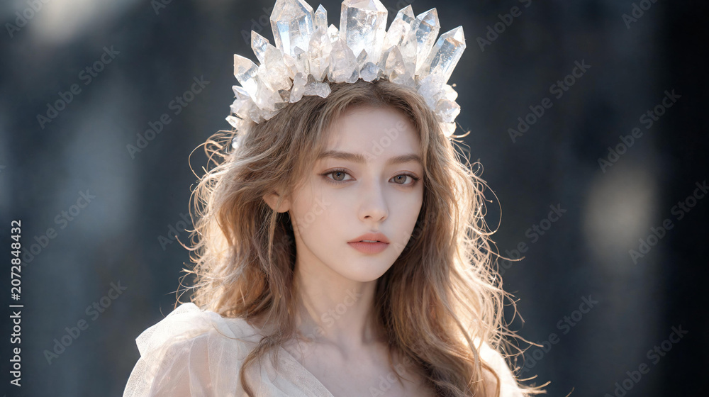 Obraz premium Elegant young woman with flowing light hair wearing a majestic raw crystal quartz crown against a soft blurred background for fantasy editorial fashion photography.