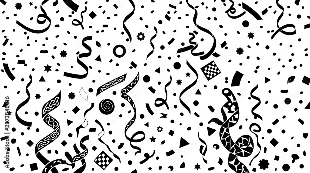 Fototapeta premium Ilustração monocromática de confetes e serpentinas caindo, ideal para fundos festivos e designs de celebração.