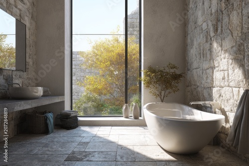 Modern bathroom with stone walls and soaking tub features a large window.