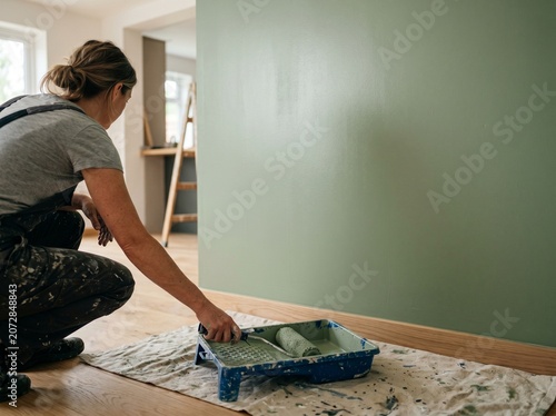 freshly painted wall paint roller tray floor clean home renovation interior
