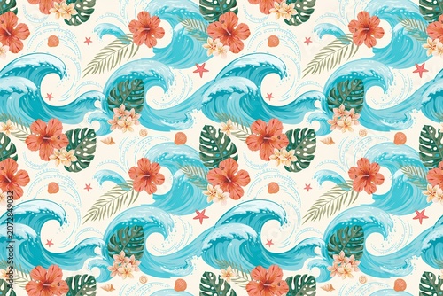 Seamless pattern with hibiscus flowers, monstera leaves, and blue ocean waves on a light background, tropical summer beach theme