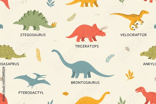 Seamless pattern with various colorful dinosaur species like stegosaurus, triceratops, velociraptor, and brontosaurus on a light background