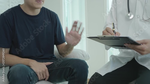 doctor encouraged. Man hold hand in front of private parts feeling discomfort and consult doctor. Venereal, testicular cancer, erectile dysfunction, premature ejaculation, prostate cancer