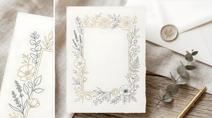 Hand-drawn botanical frame on cream paper with eucalyptus sprig, wax-sealed envelope and gold pen on rustic wood. Neutral, romantic stationery mockup ideal for wedding invitations and greeting cards.