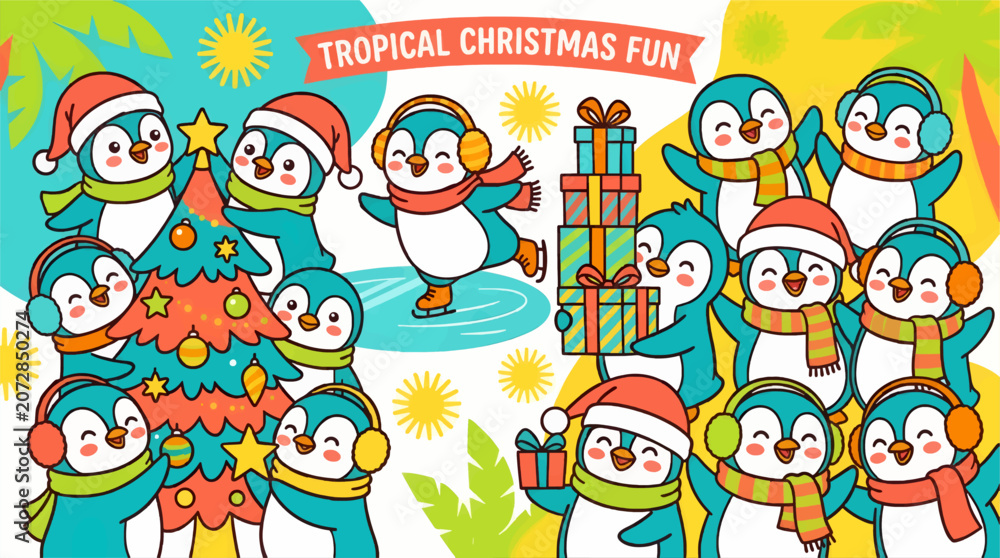 Fototapeta premium Cute Penguin Characters Celebrate Tropical Christmas with Decorated Tree, Gifts, and Ice Skating in Flat Vector Design, Fun Holiday Illustration