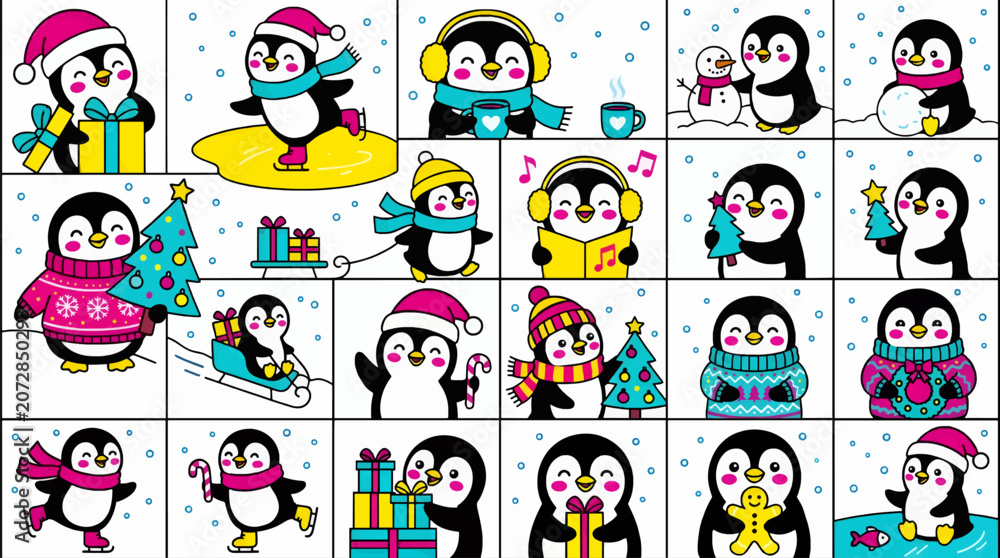 Fototapeta premium Cute Penguin Characters Celebrating Winter Holidays, Flat Vector Illustration Set of Festive Activities like Christmas, Ice Skating and Gift Giving, Snowing Background