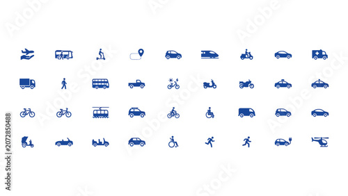 Set of blue transportation and vehicle icons including cars bikes trains and planes for travel and logistics design projects Vector