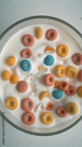 Dynamic Colorful Cereal Rings Splashing into Fresh Milk