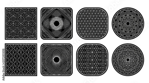 Sammlung von acht modernen, abstrakten geometrischen Mustern in Schwarzweiß-Vektorgrafik, die komplexe Linien und Formen in quadratischen und kreisförmigen Anordnungen zeigen.