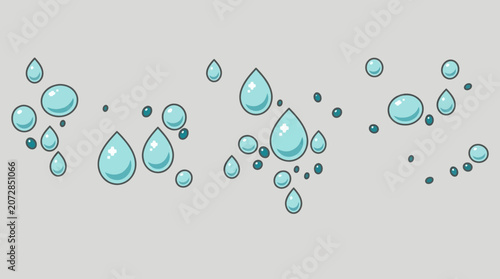 Eine dynamische Vektorillustration zeigt hellblaue Wassertropfen und kleine Blasen, die zufällig auf einem sauberen grauen Hintergrund verstreut sind und Frische sowie Reinheit symbolisieren.