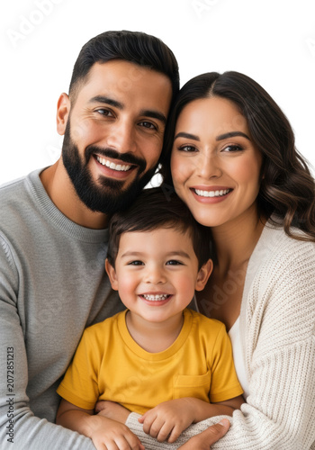 medium close-up of a young hispanic family (father in grey, mother in cream, toddler in yellow) hugging tightly, all smiling genuinely on a white background. concept of deep familial love