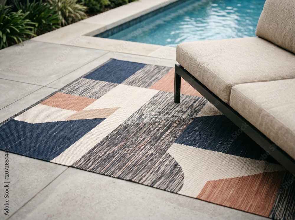 Fototapeta premium modern outdoor rug poolside sofa abstract pattern backyard tiles 