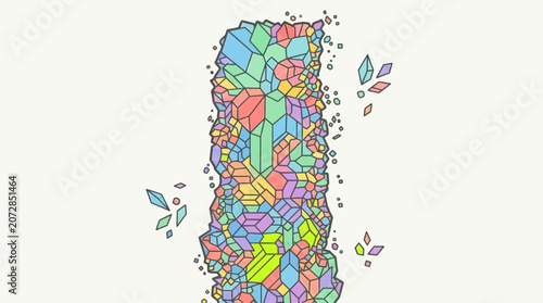 Abstrakte Vektorillustration einer vertikalen Säule aus bunten, facettenreichen geometrischen Formen und Kristallen, die Vielfalt und Struktur auf einem hellen Hintergrund darstellt.