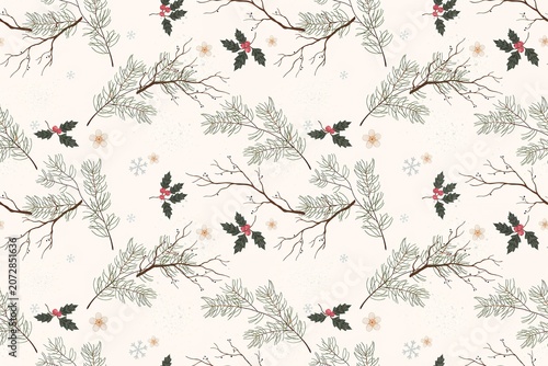 Seamless winter pattern with hand drawn pine branches, holly berries, and snowflakes on a light background, for holiday wrapping paper