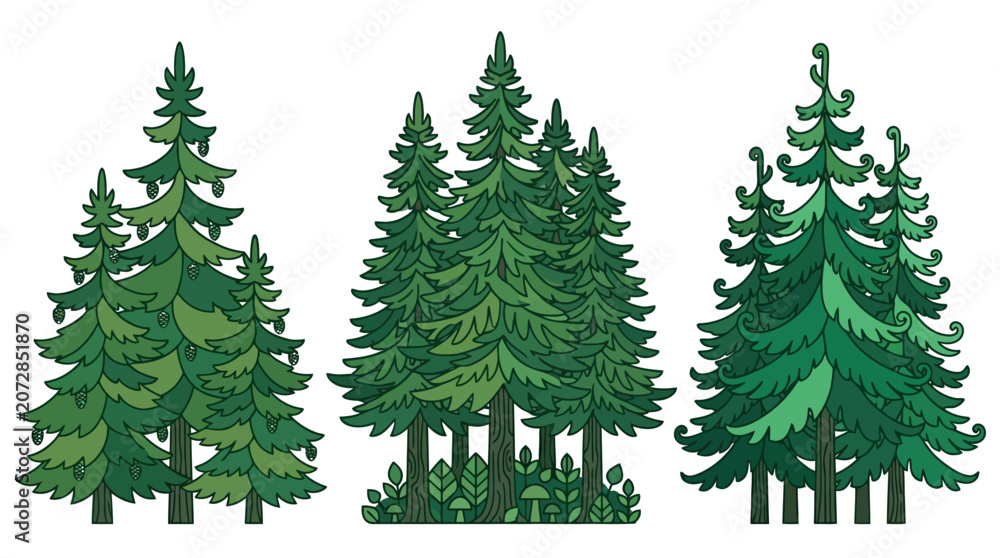 Obraz premium Vektorillustration von drei verschiedenen Gruppen grüner Nadelbäume und Fichten im Cartoon-Stil, perfekt für Umweltdesign und Naturprojekte.