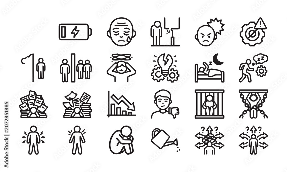 Fototapeta premium Mental health struggle and negative emotion outline icons for psychology analysis.