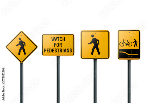 Four road warning signs indicating pedestrian and construction hazards