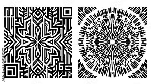 Zwei moderne, kontrastreiche Schwarzweißmuster mit komplexen geometrischen Formen, die an Strichcodes und QR-Codes erinnern, ideal für digitale Kunst und Designprojekte.