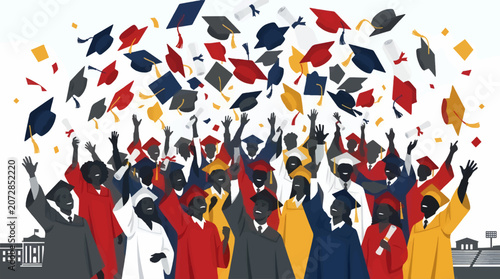 Konstfotografi Diverse Graduating Students in Academic Regalia Celebrate Throwing Caps and Dipl