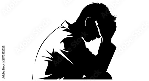 Photos Man with head in hands black silhouette against white background