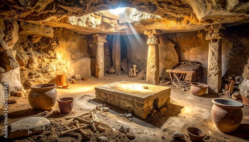 Abandoned cave dwelling in mountainous landscape with old stone architecture ruins, broken concrete and industrial debris interior