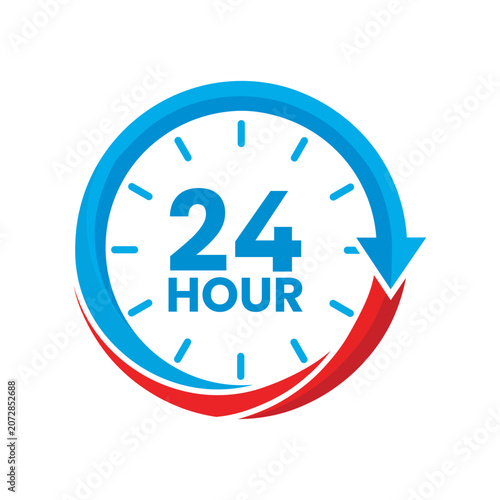 24 Hour Service Icon – Blue Red Clock Arrow Round Badge Symbol Flat Vector Illustration

