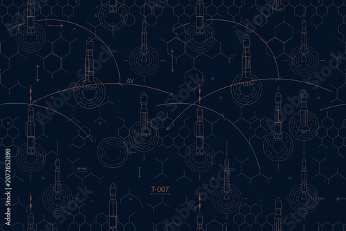 Technical blueprint pattern featuring rocket launch trajectories, orbital mechanics, and hexagonal grid lines on a dark blue background