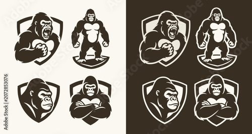 Fierce Gorilla Mascot Logo Vector Set: Strong Silver back Ape Shield Emblems for E-sports, Gym, and Sports Branding