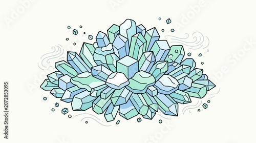 Ein bezaubernder Haufen blaugrüner Kristalle und Edelsteine, detailreich illustriert im flachen Stil mit geometrischen Formen und schwebenden Partikeln auf weißem Hintergrund.